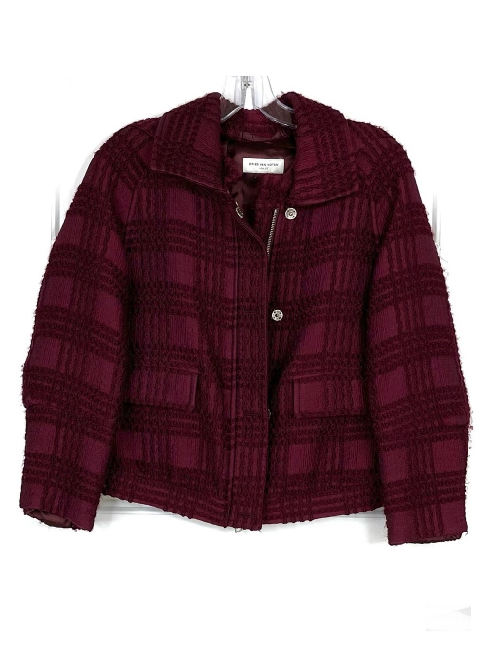 DRIES VAN NOTEN Wool Blend Textured Plaid Jacket Burgundy Maroon Wine Size 36